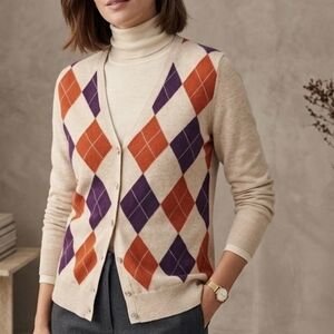 Lands' End Argyle Cardigan - Beige, Orange, Purple Size 6-8 Academia